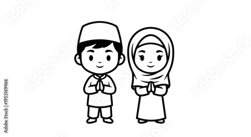 Black and White Line Art Muslim Couple Praying Together