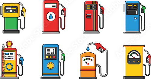 Vintage and Modern Fuel Pump Flat Vector Icon Set Featuring Gas Station Dispensers, Petrol Nozzles, and Retro Oil Machines Isolated on White Background for Energy Design