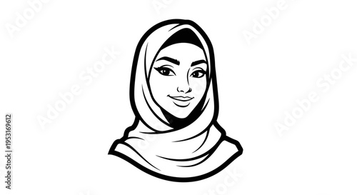 Black and White Line Art of a Woman Wearing a Hijab