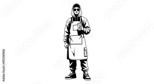 Barista wearing apron and hoodie holding coffee cup, black and white vector