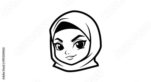 Cartoon Girl Wearing Hijab, Black and White Line Art Vector Icon