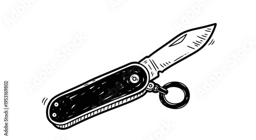 Black and white line art of a pocket knife with keyring