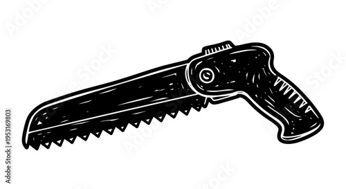Black and white drawing of a foldable pruning saw