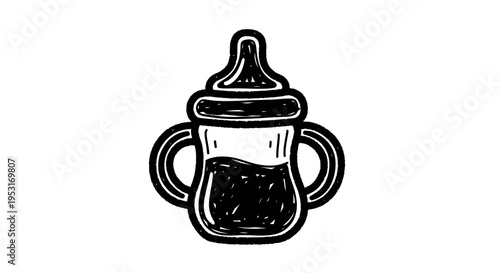 Black and White Line Art Baby Bottle with Handles