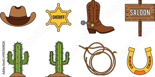 Wild West Cowboy Icons Flat Vector Set Featuring Hat, Sheriff Badge, Boot, Cactus, Rope, Horseshoe, and Saloon Sign Isolated on White Background