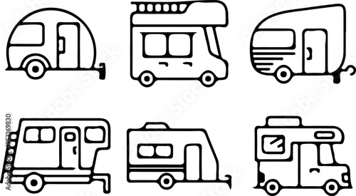 High-Quality Linear Icon Collection of Nomadic Living Vehicles and Travel Trailers Perfect for Wayfinding Signage and Digital Road Trip Planning Interfaces