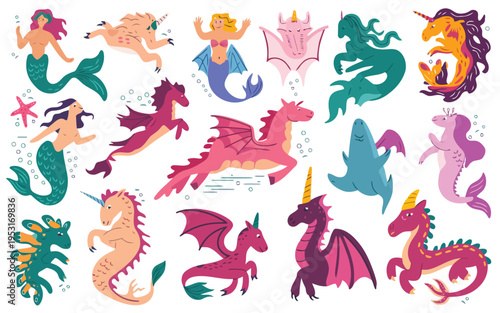 Colorful fantasy creatures in whimsical and playful designs Vector