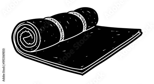 Black and white doodle illustration of a rolled yoga mat