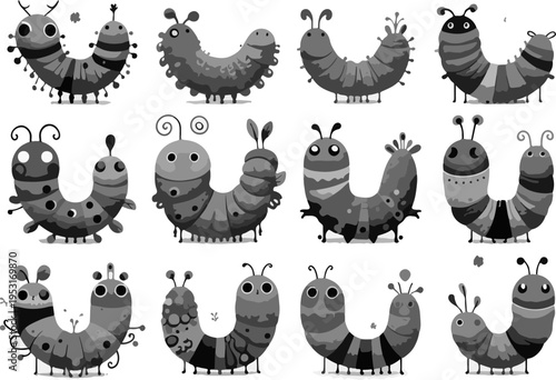 High-Resolution Digital Art Set of Colorful Alien-Like Caterpillars with Detailed Spikes and Segmented Bodies Ideal for Creative Character Design.