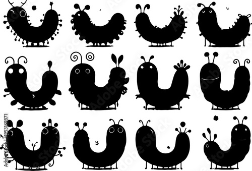 High-Resolution Digital Art Set of Colorful Alien-Like Caterpillars with Detailed Spikes and Segmented Bodies Ideal for Creative Character Design