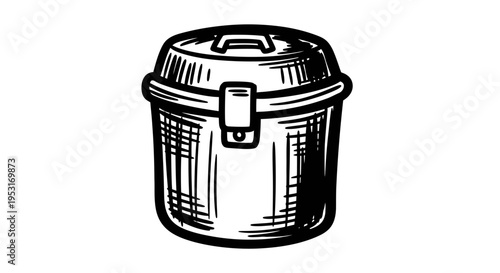 Vintage Black and White Line Art of a Metal Lunchbox or Tool Box