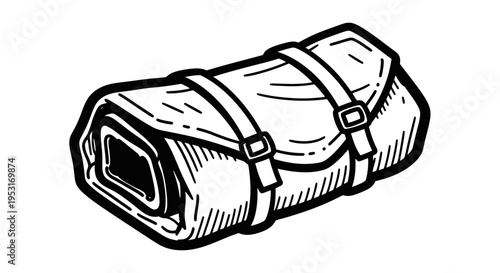 Black and White Line Art of a Rolled Up Sleeping Bag with Straps