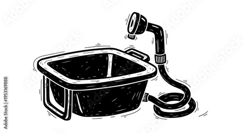 Black and White Line Art of a Bathtub with Shower Head for Hygiene