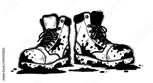 Black and white line art illustration of dirty work boots