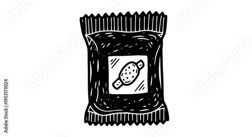 Black and White Line Art of a Snack Package with a Fried Chicken Drumstick Icon