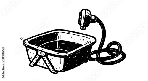 Black and White Line Art of Portable Shower and Basin for Camping