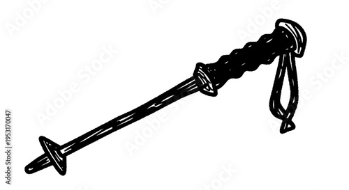 Black and white line art of a ski pole with strap on white background