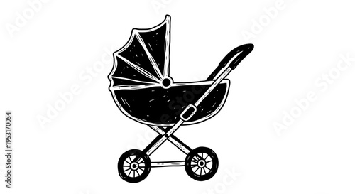 Black and White Line Art of a Vintage Baby Stroller