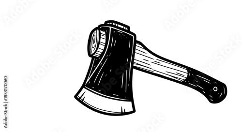 Black and White Line Art Axe Icon, Vector Illustration