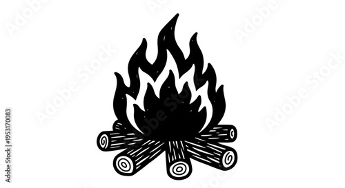 Black and White Line Art Campfire Icon on White Background