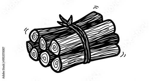 Black  White Line Art Illustration of a Bundle of Firewood Tied with Rope