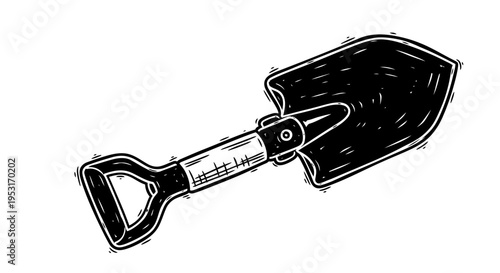 Black and white line art illustration of a shovel for digging