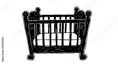 Black and white line art illustration of a baby crib