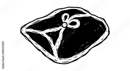 Black and white hand-drawn steak with bow, food art