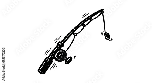 Black and White Line Art of a Fishing Rod with Lure