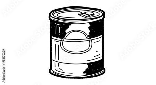 Black and White Line Art of a Food Can, Isolated on White