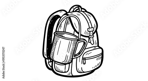Black and White Line Art of a Backpack with a Cup