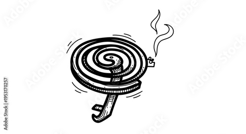 Black and White Line Art of a Burning Mosquito Coil with Smoke
