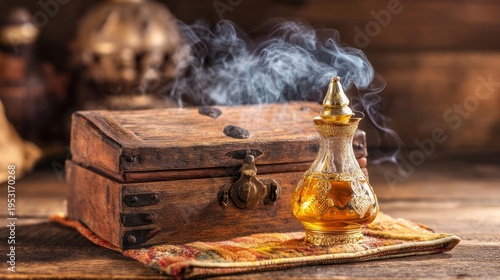 Vintage Genie Lamp with Mystical Smoke on Wooden Chest Table