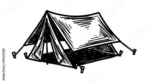 Black and White Line Art of a Camping Tent