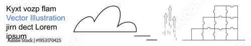 Cloud technology, data management, growth strategies, digital innovation, analytics, scalable infrastructures. A cloud, data blocks and upward growth chart lines. Cloud technology and data
