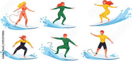 Surfing people collection, men and women surfing waves, colorful flat characters, summer beach sport activity, dynamic ocean motion illustration set