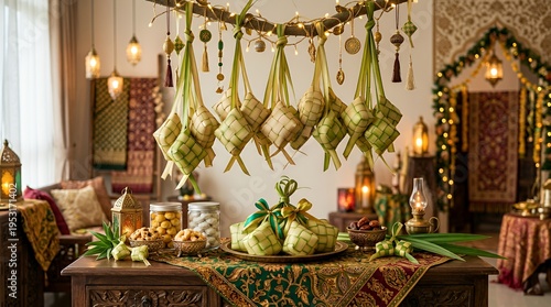 Eid al Fitr decorations and traditional food on a table