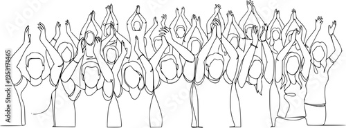 Cheerful crowd cheering illustration. Hands up. Group of applause people continuous one line vector drawing.
