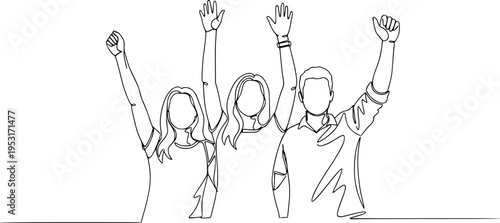 Cheerful crowd cheering illustration. Hands up. Group of three people rejoice and cheer continuous one line vector drawing. Women and men standing at concert, meeting