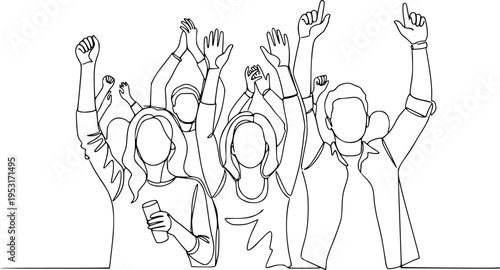 Cheerful crowd cheering illustration. Hands up. Group of three people rejoice and cheer continuous one line vector drawing. Women and men standing at concert, meeting