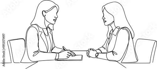 Job interview - vector modern simple one line design composition with recruiter and candidate. Continuous Line Drawing of Two women are talking at the table