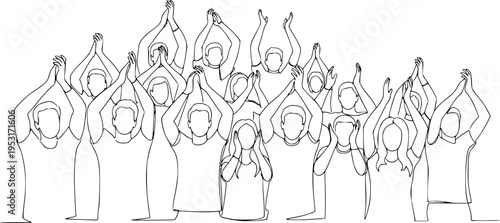 Cheerful crowd cheering illustration. Hands up. Group of applause people continuous one line vector drawing.
