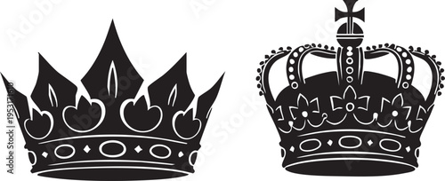 Two regal crowns side by side one with cross and jewels the other with pointed arches