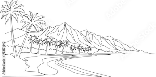 Hawaii landscape continuous one line drawing. Mountains, palms, seaside
