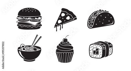 A variety of food items including burgers pizza tacos sushi hot chocolate and cupcakes