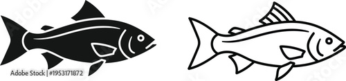 Fish Icon Set Black Silhouette and Outline Design Vector