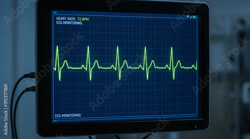 A monitor shows a heart rate of 72 bpm