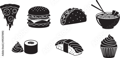 Assorted desserts and savory foods illustration