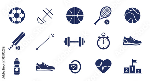 Set of diverse sports and fitness icons featuring soccer ball baseball bat tennis racket dumbbells running shoes and health symbols isolated on transparent background