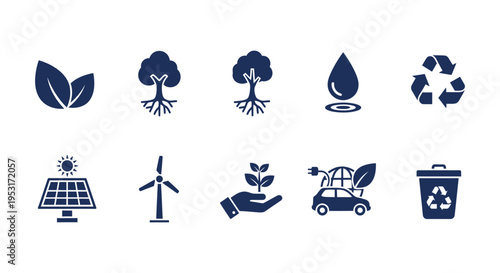 Collection of ecofriendly icons representing renewable energy sources sustainable living and environmental conservation concepts